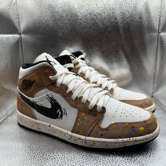 Jordan Other - Size 10 Air Jordan 1 SE Mid Mens Black White Brushstroke Paint Shoes‎ DA8005-100